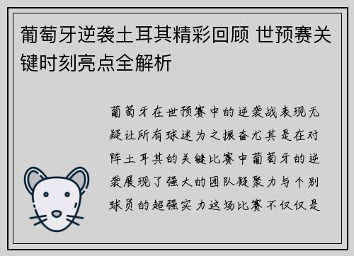 葡萄牙逆袭土耳其精彩回顾 世预赛关键时刻亮点全解析