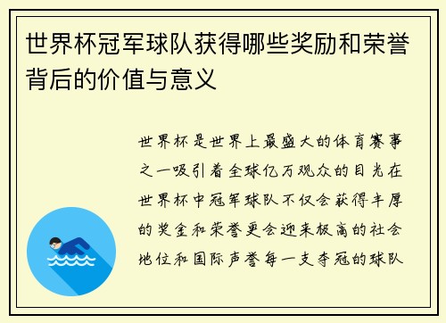 世界杯冠军球队获得哪些奖励和荣誉背后的价值与意义